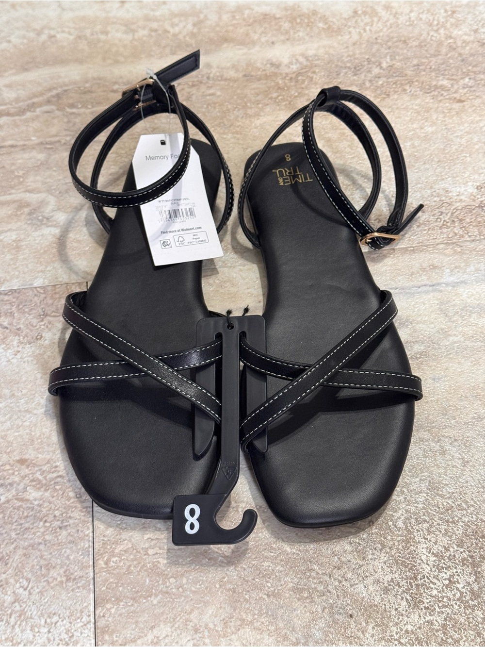 Time and Tru Black Strappy Ankle Buckle Flat Sandals
